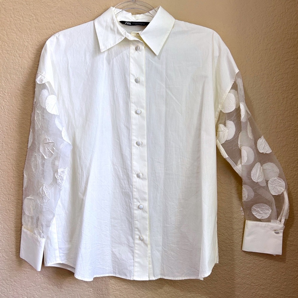 Zara Sheer 3D Floral Mesh Button Blouse Cream XS Polka Dot Oversized Twee Avant